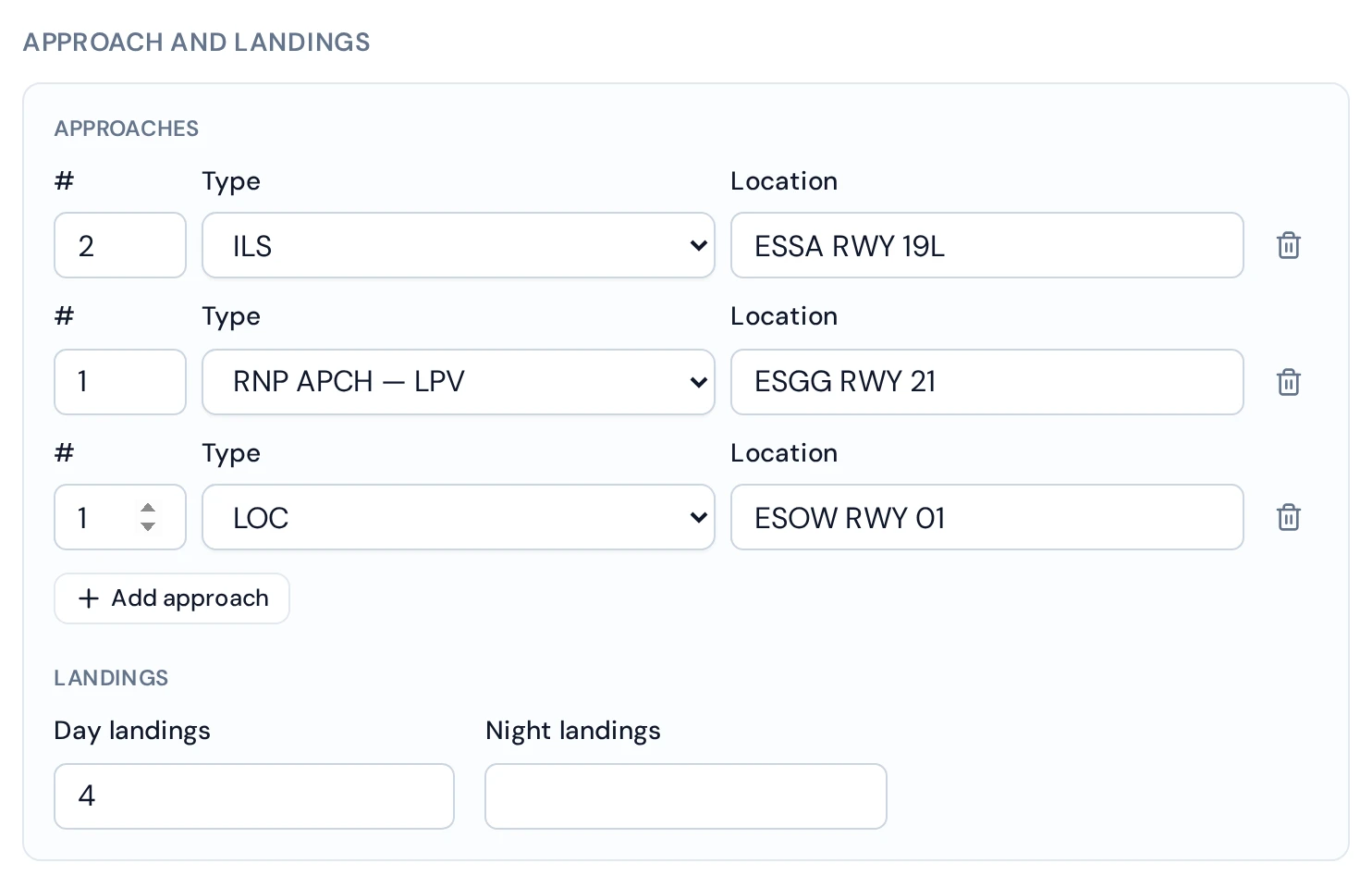 Logging approaches by count, type, and runway in the log entry form