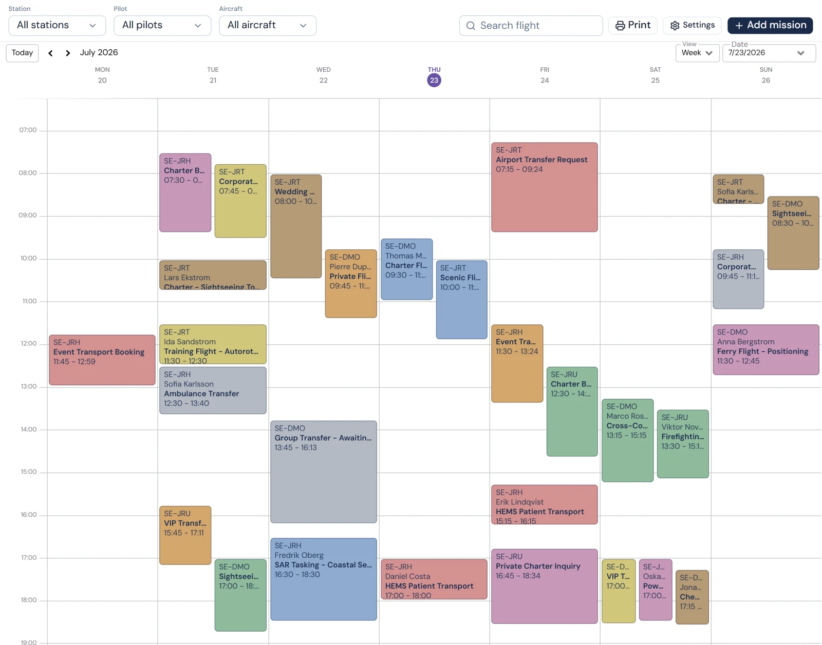 Mission Management calendar showing a day of scheduled flights, colour-coded by mission type