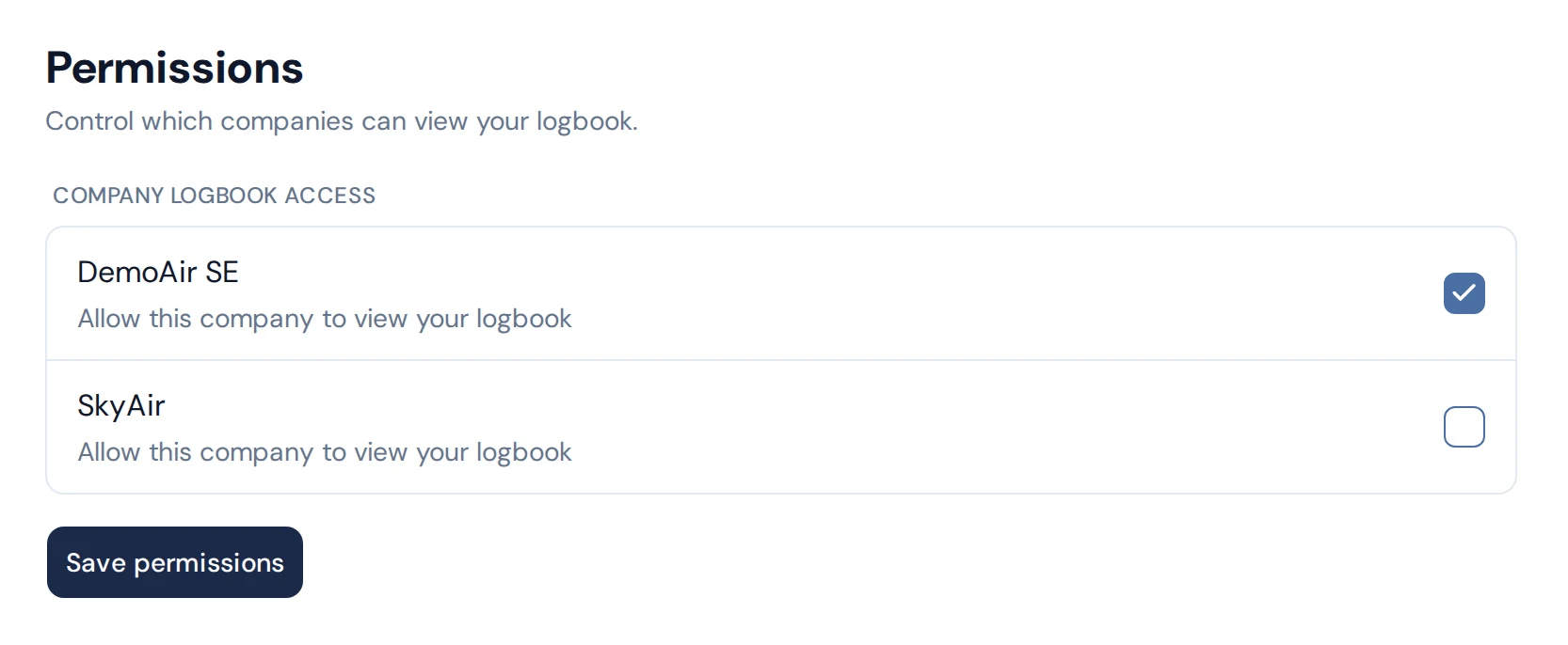 A pilot's setting that allows a company to view their logbook