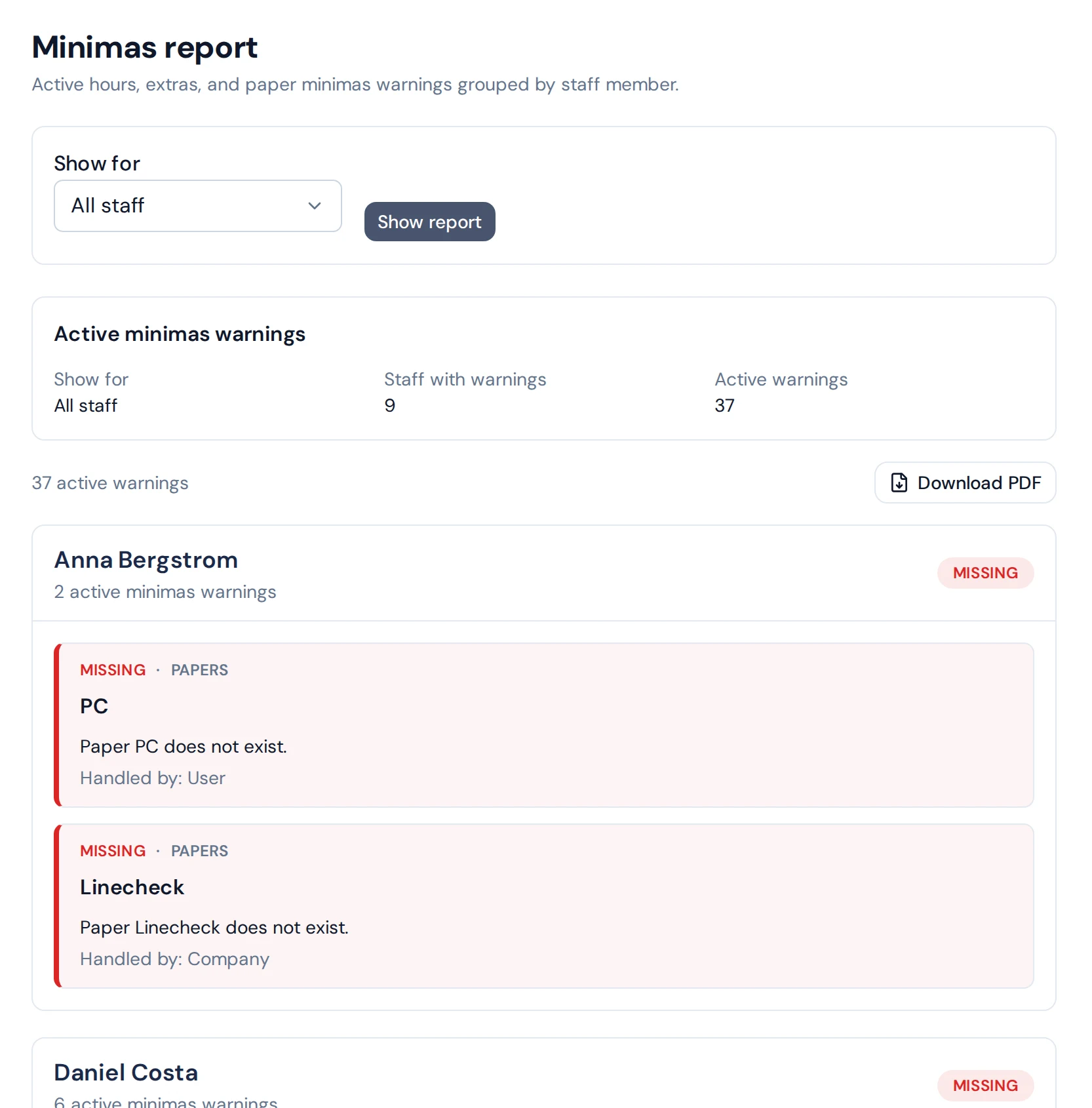 Minimas report listing active warnings per crew member, such as missing papers and too few landings