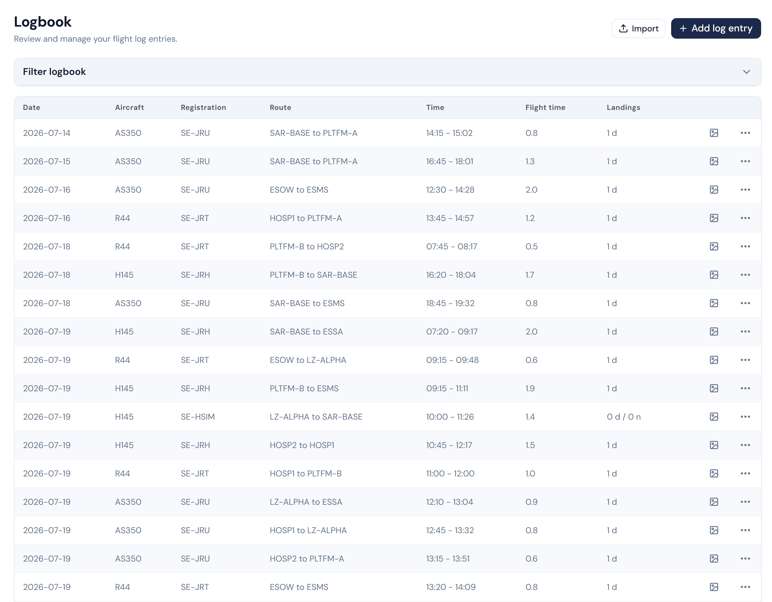 The logbook page listing flights with running page totals