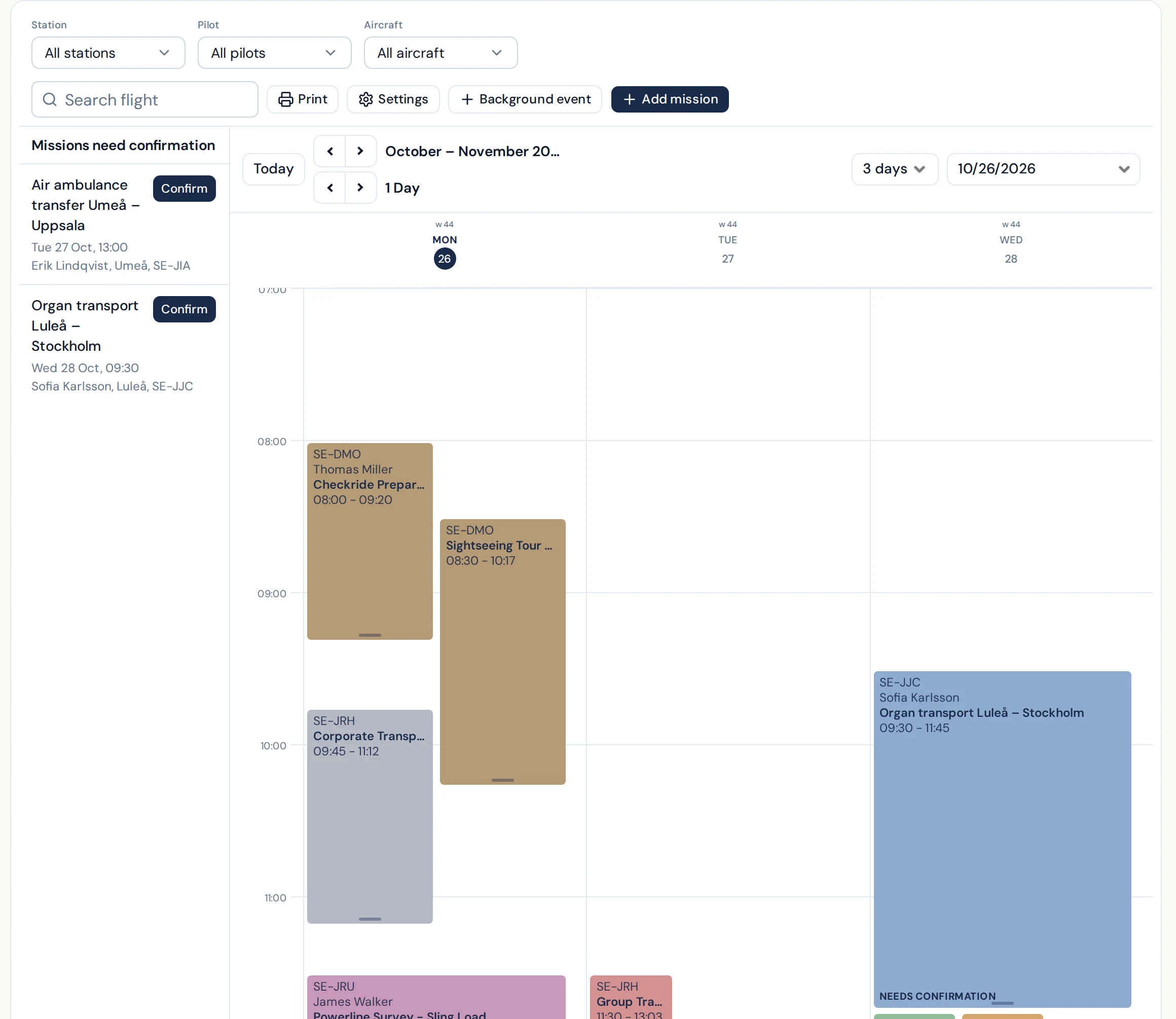 Mission calendar with missions that need confirmation and the pending confirmations list