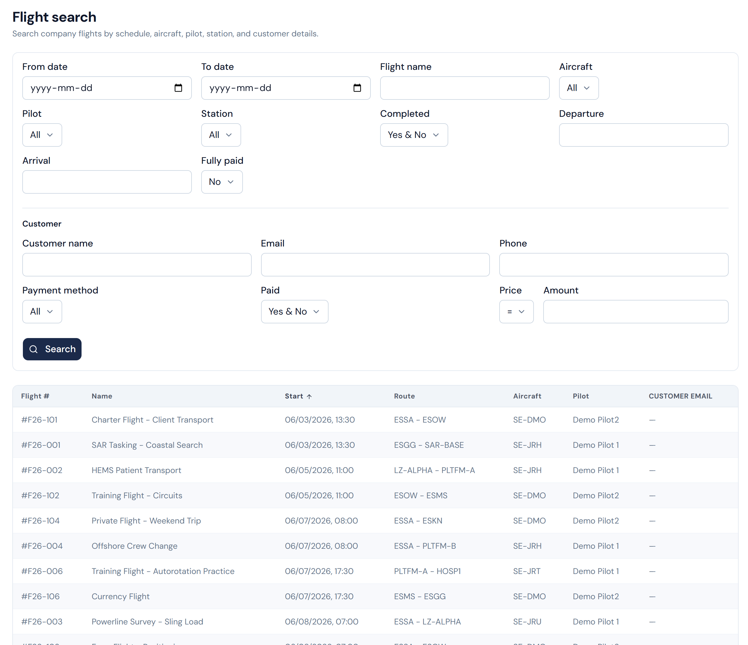 Mission management flight search results