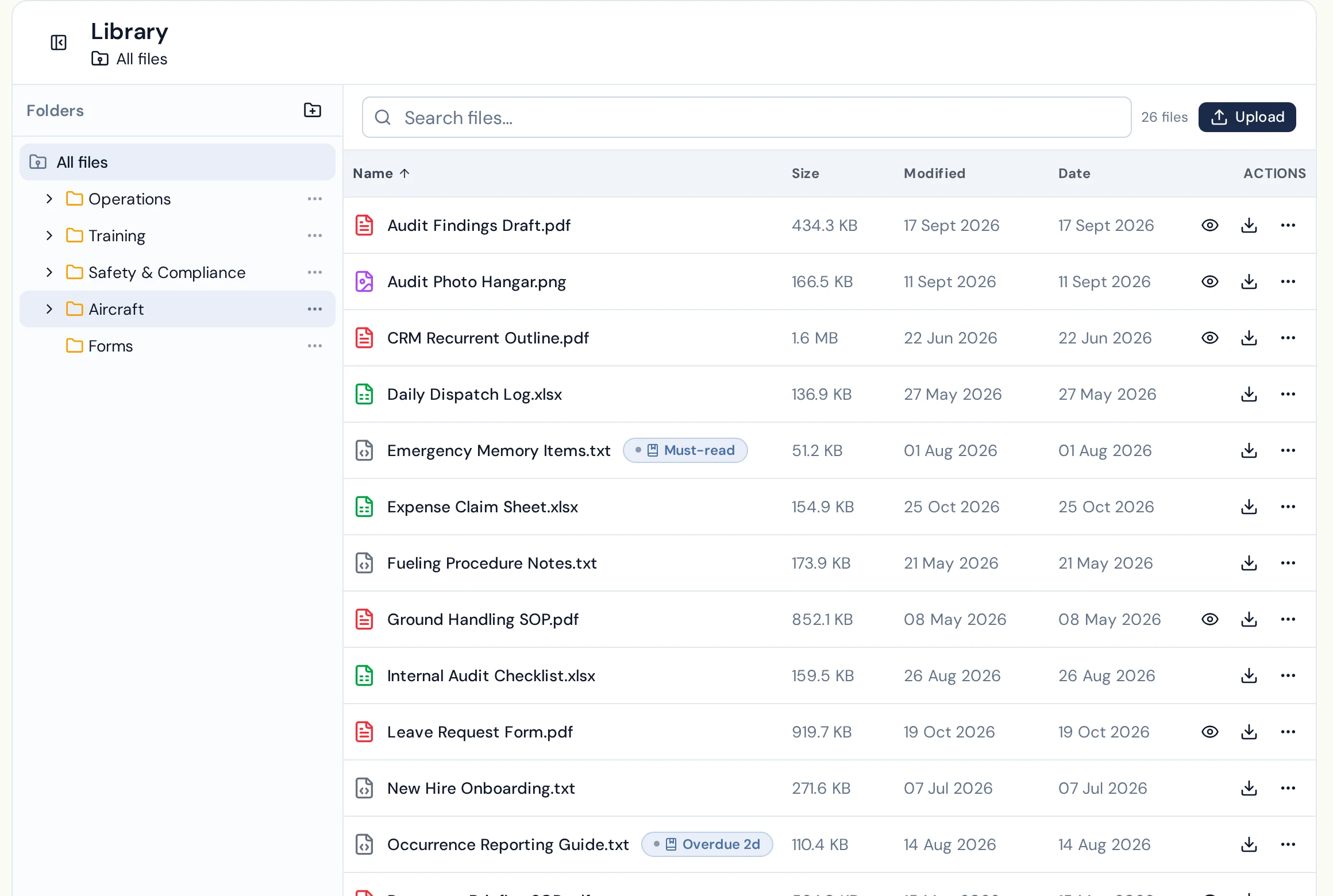 The company document library with folders, files, and must-read badges