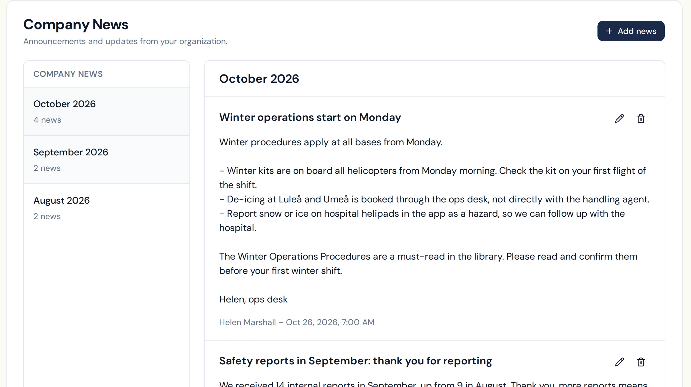 Company news with announcements from operations, crew management, and safety