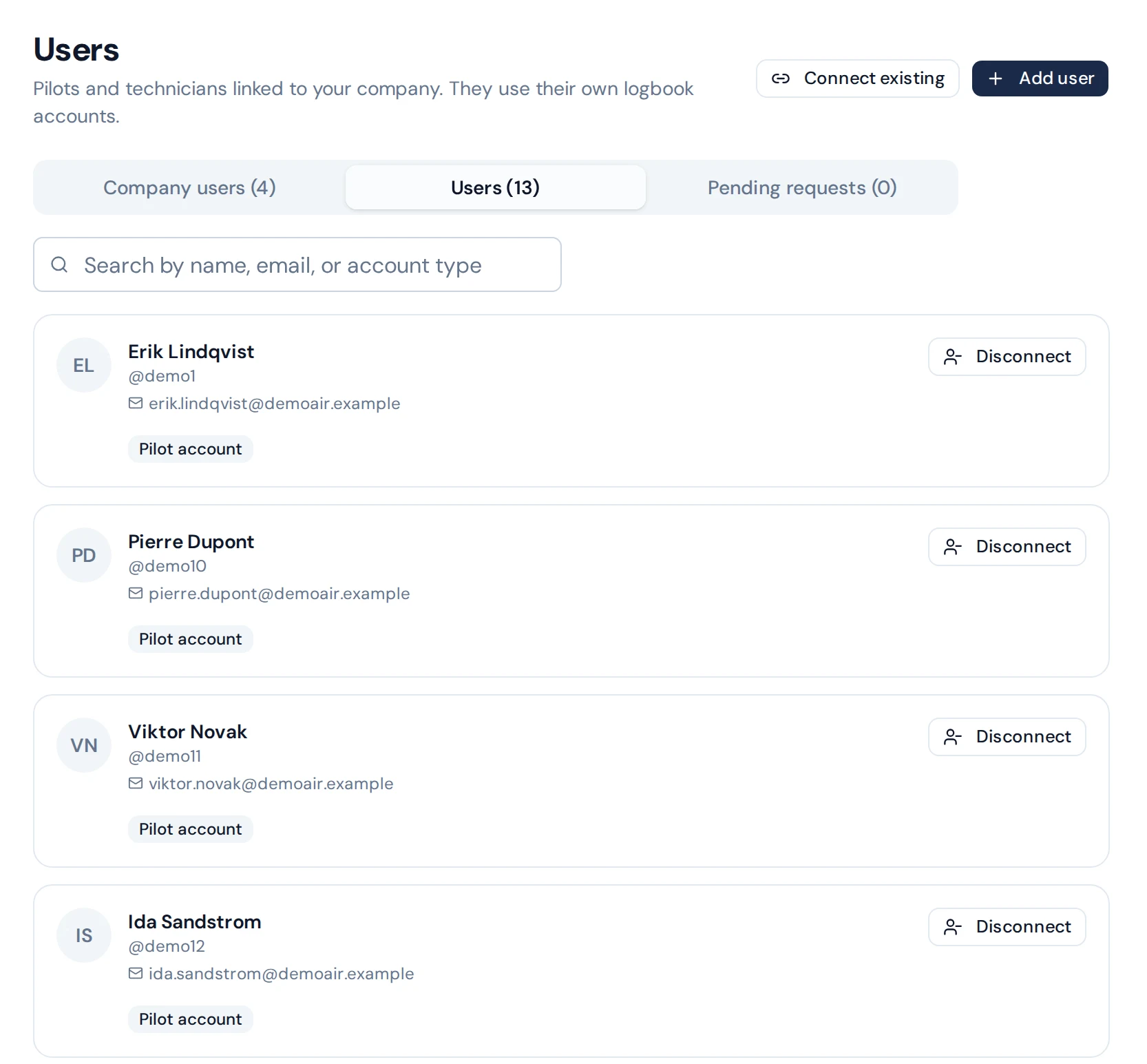 The company's connected pilots, with buttons to connect existing users or add new ones