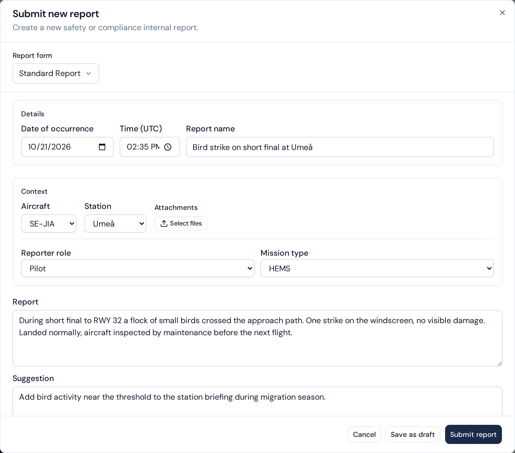 Submitting a new safety report with date, aircraft, station, and a description