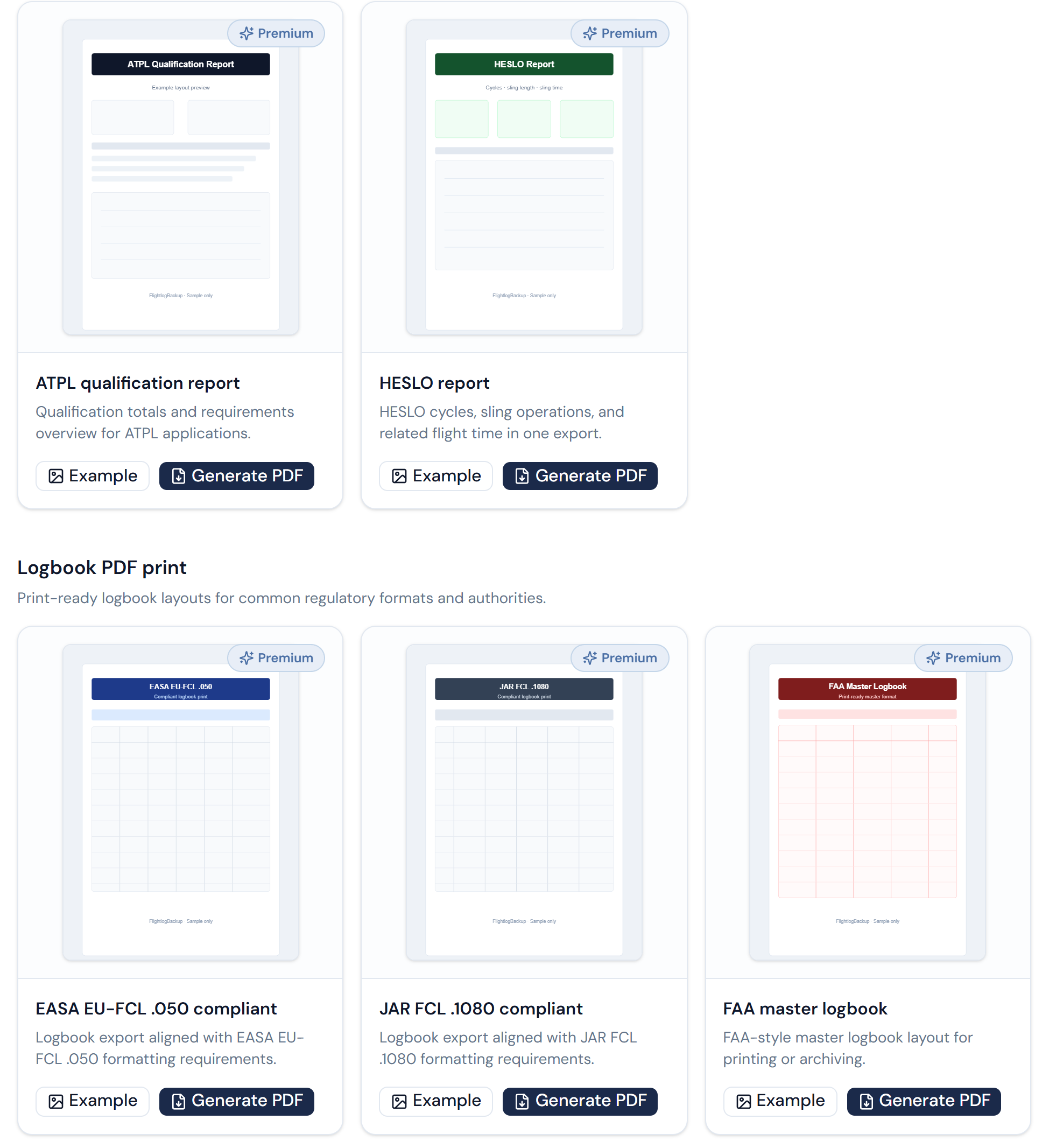 Statistics reports view with flight time breakdowns