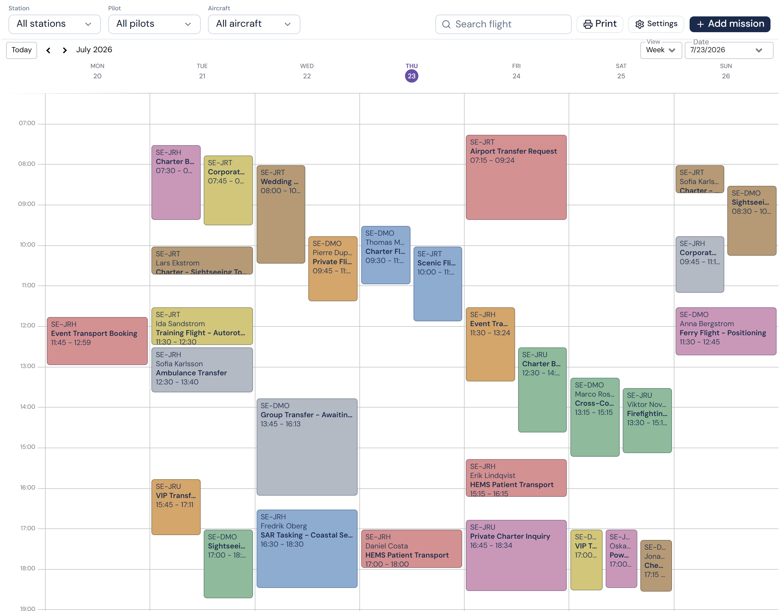 Mission management calendar with a week of colour-coded flights