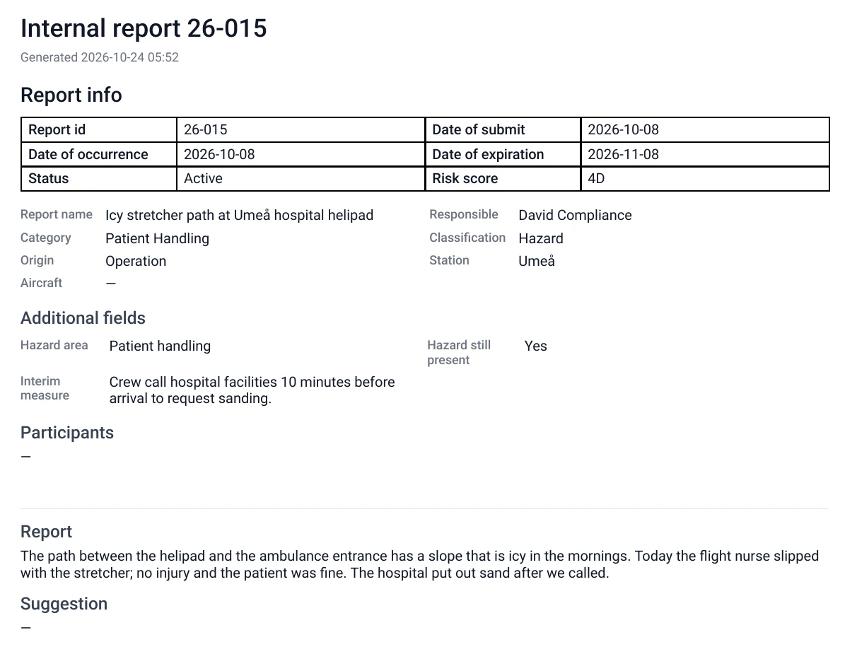 The first page of an internal report exported as PDF
