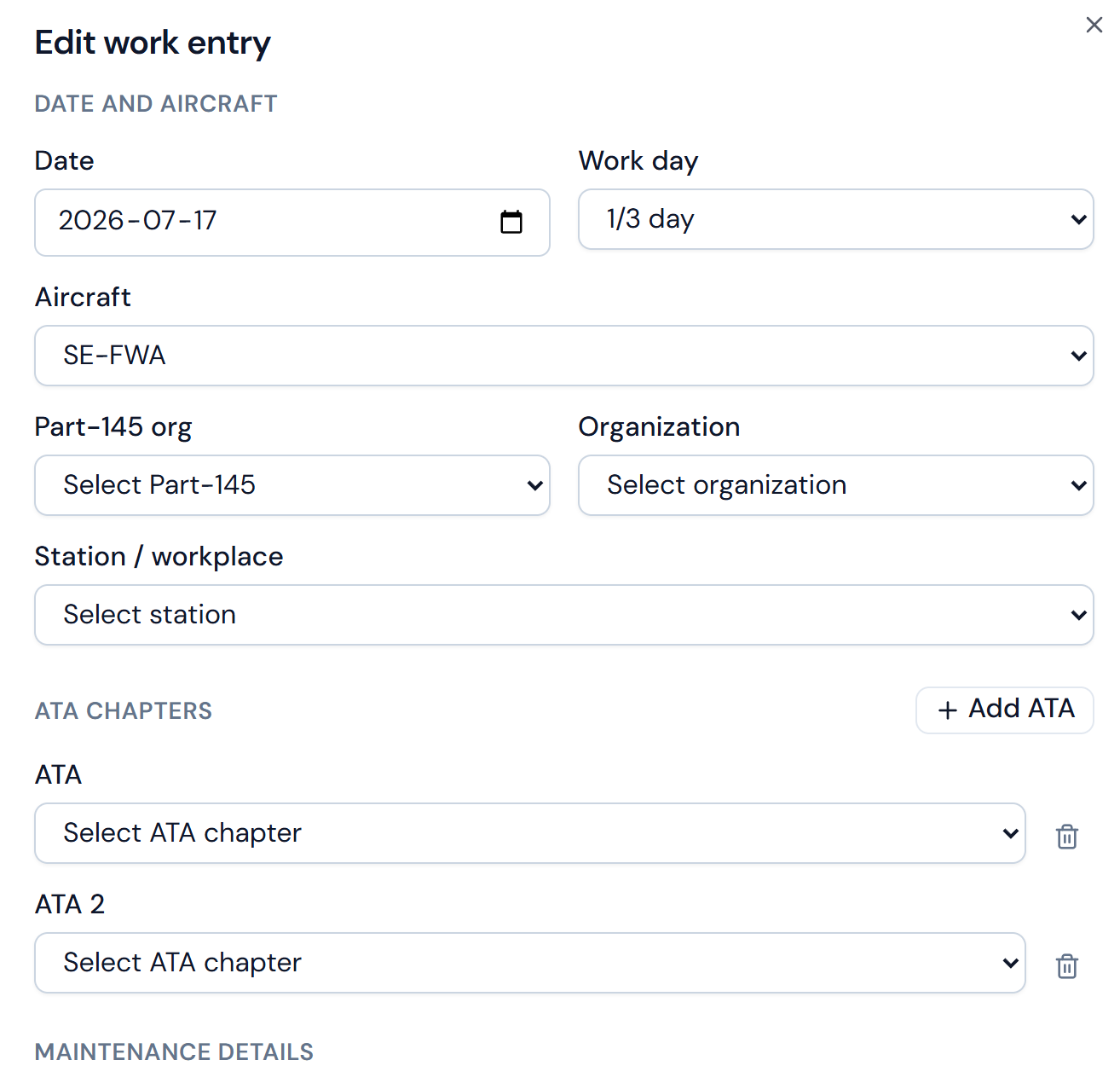 The add work-activity form
